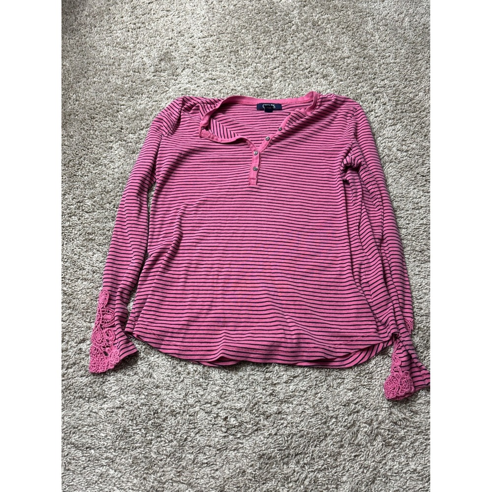 Chaps Denim Pink Navy Striped Henley Top Long Sleeve Lace Trim Cuffs Small